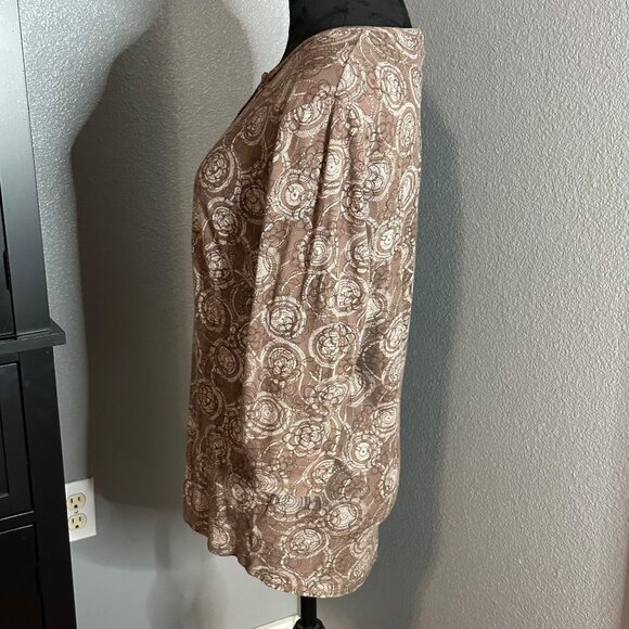 Columbia Womens Brown Top XL Floral Patterned 3/4 Sleeve V-Neck Cotton - Picture 3 of 8